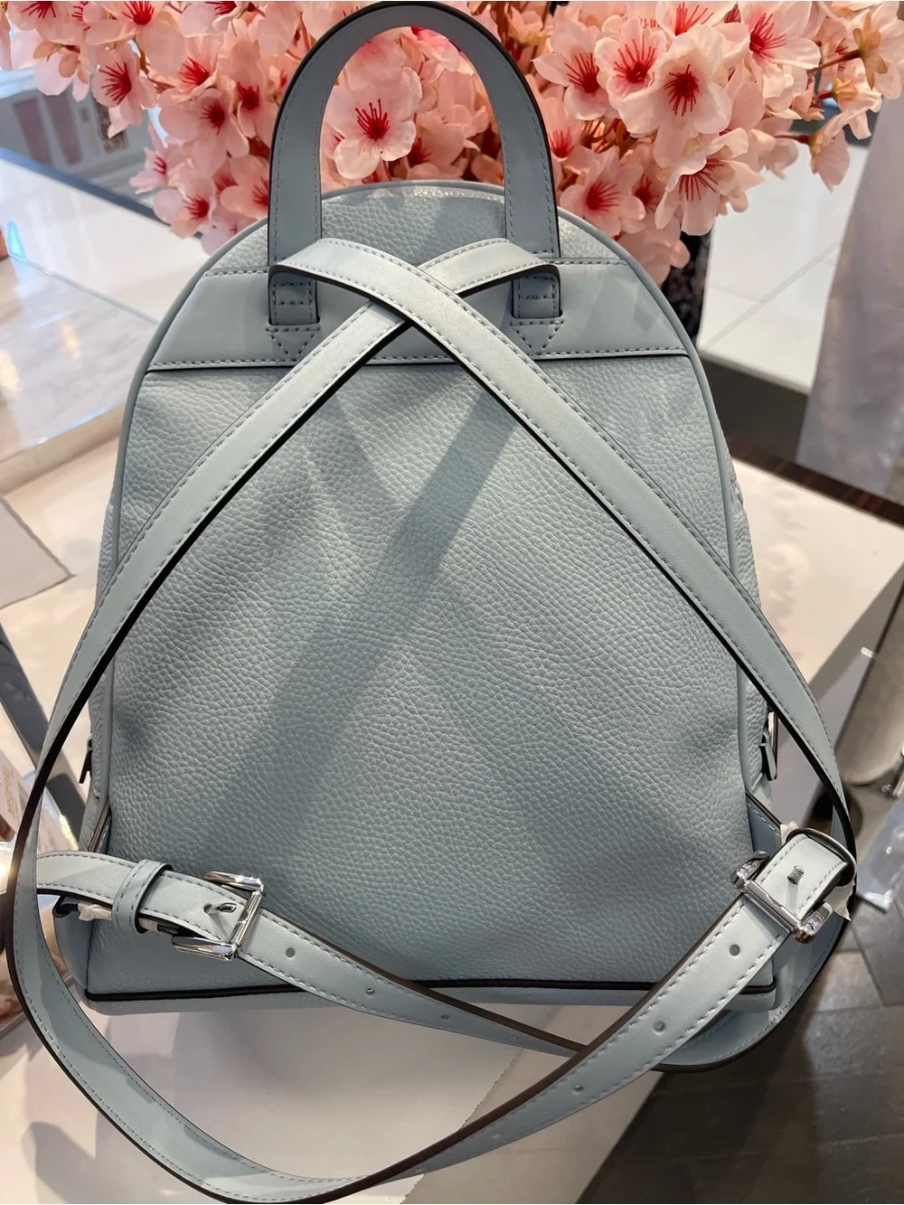Michael Kors Rhea Medium Zip MK Logo Debossed Backpack Pale Ocean  NWT